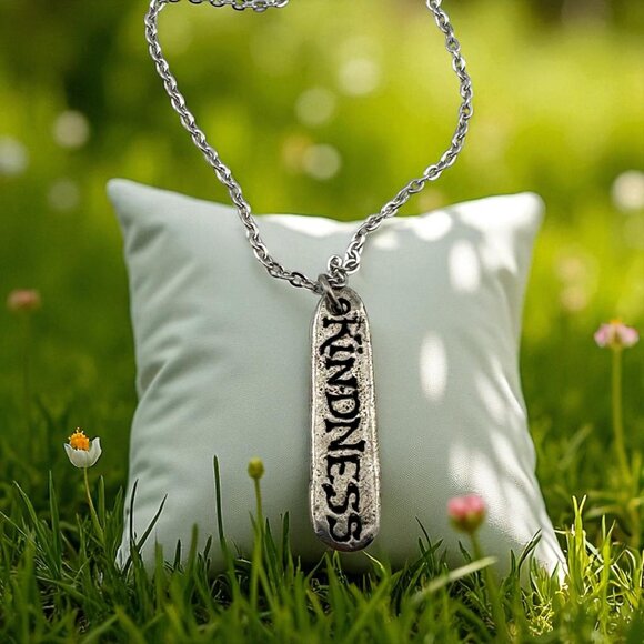 Kindness Pewter Bar Necklace Message Necklace Diamond Cut Stainless Steel - Picture 1 of 7
